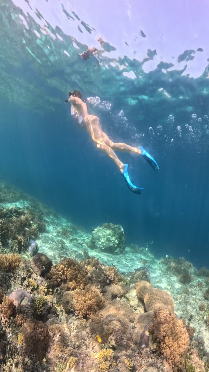 women swimming, underwater view of girls on bikini diving at a coral reef in the ocean