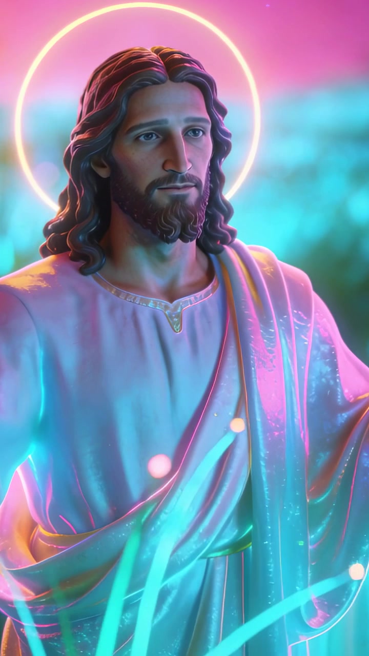 Video verticale: Luce al neon brillante che illumina una figura religiosa che inclina lo sguardo, in un'ambientazione con aureola, veste e sfere luminose.
