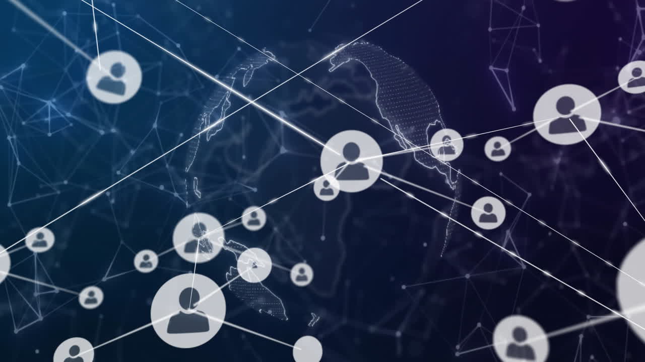 Animation of connected user icons over digital world map background