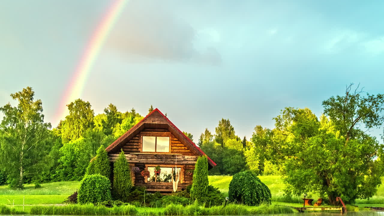 cabaña de madera de cuento de hadas en bosques exuberantes con arco iris en el cielo