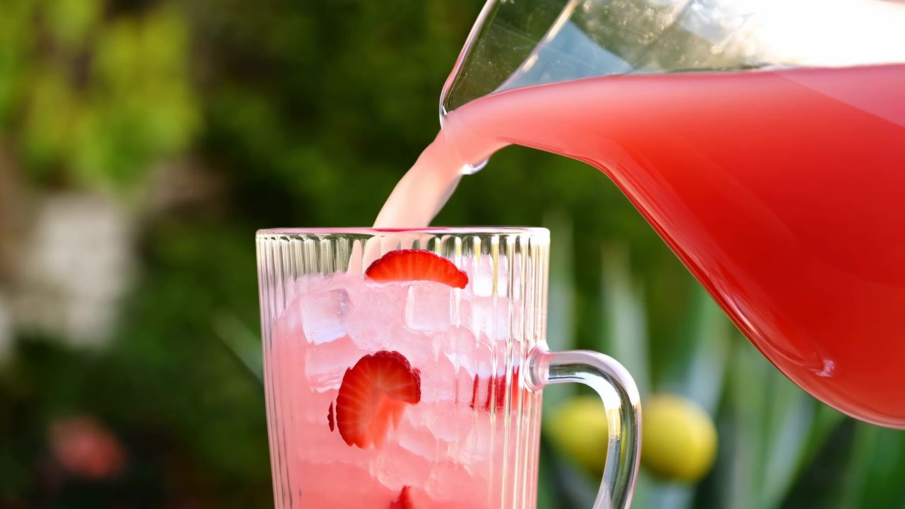 Steady stream of pink beverage fills handled ribbed mug packed with ice cubes and visible strawberry slices while soft natural light and green foliage form blurred background.