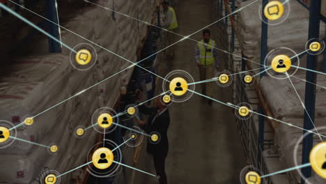 organizing shelves in warehouse, workers with network connections animation overlay