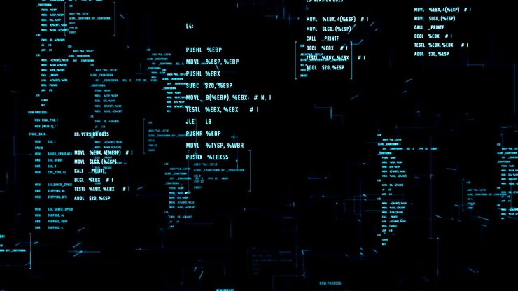 System information code on a screen. Abstract background with program modules moving in a cyberspace.