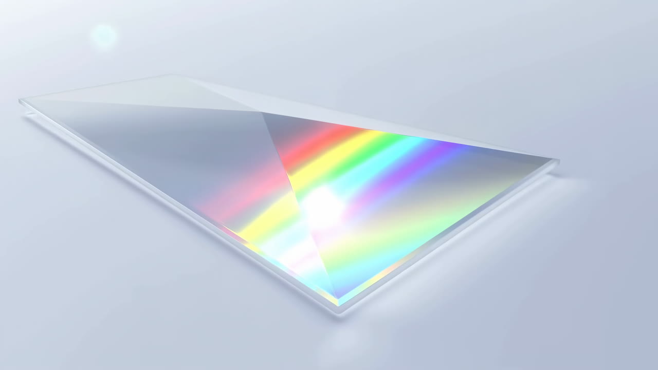 Glass Prism Casting Rainbow Spectrum Across Matte Surface, Minimalist Studio Scene With Soft Luminous Glow,
