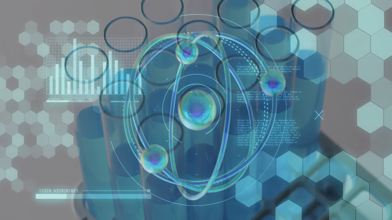 Animation of scientific data processing over laboratory dishes on grey background