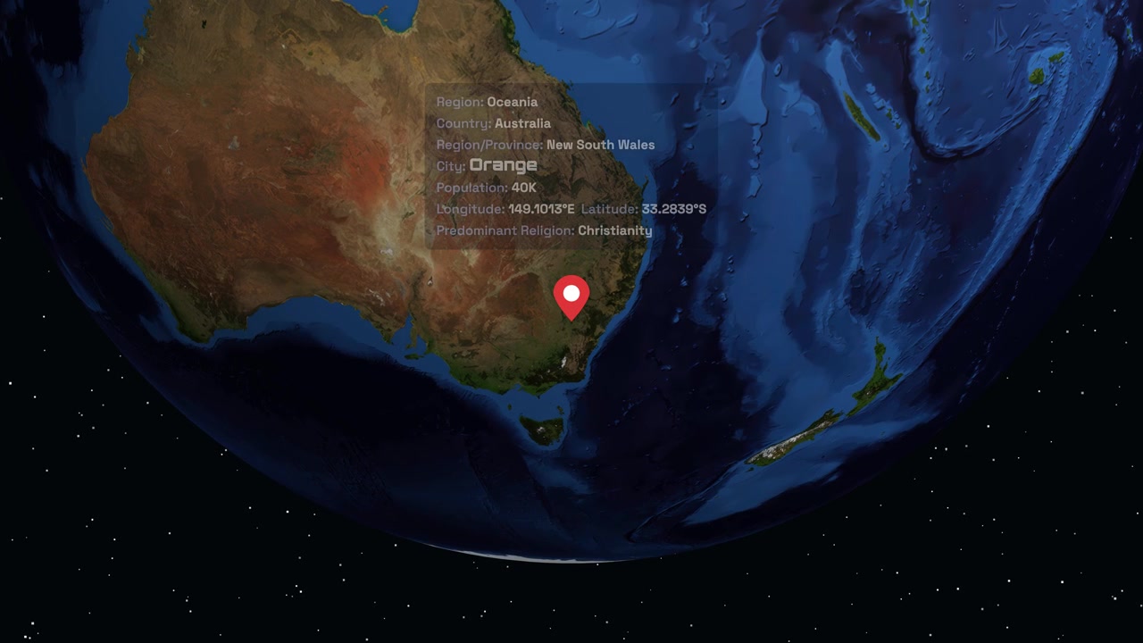 Digital globe rotates and zooms from space to a specific location marker in Australia