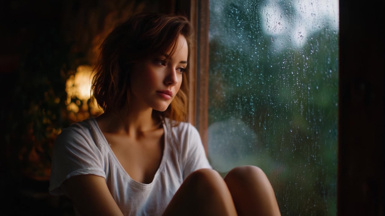 A Pensive Moment by the Window: Contemplation During Rainy Days Captured in the Last Frame of the Video, Emphasizing Emotions and Serenity Amidst Nature