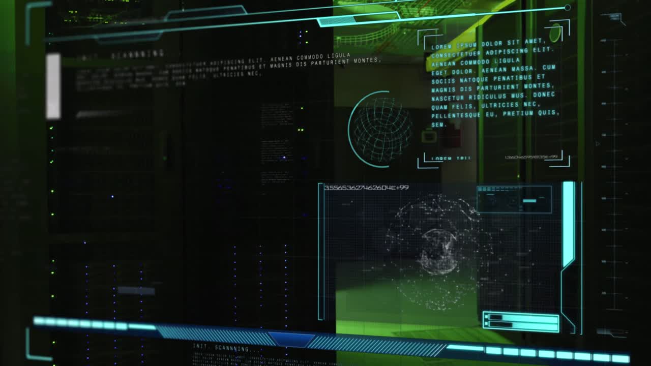animación del procesamiento de datos y texto sobre luces verdes del servidor de computadora