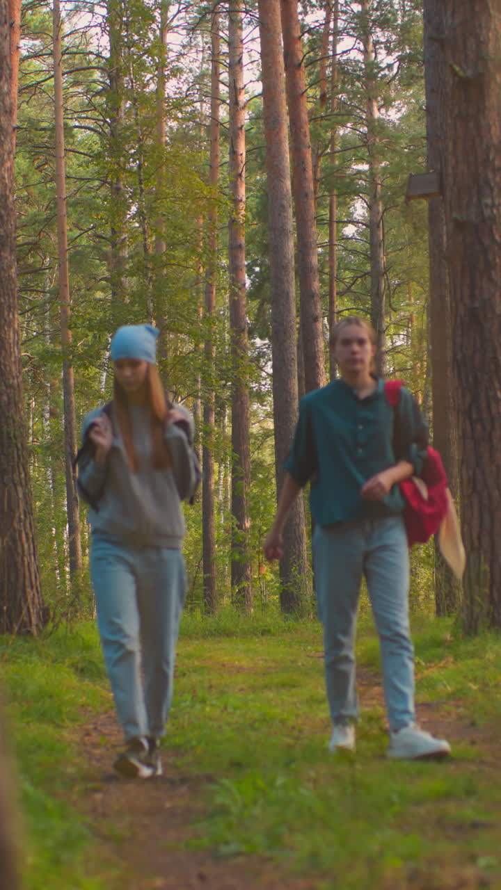 пешеходы идут по лесной тропе, окруженной пышной зеленью, одна кузина игриво размахивает своей черной сумкой на плече, в то время как другая, одетая в зеленую рубашку, наблюдает с теплой улыбкой