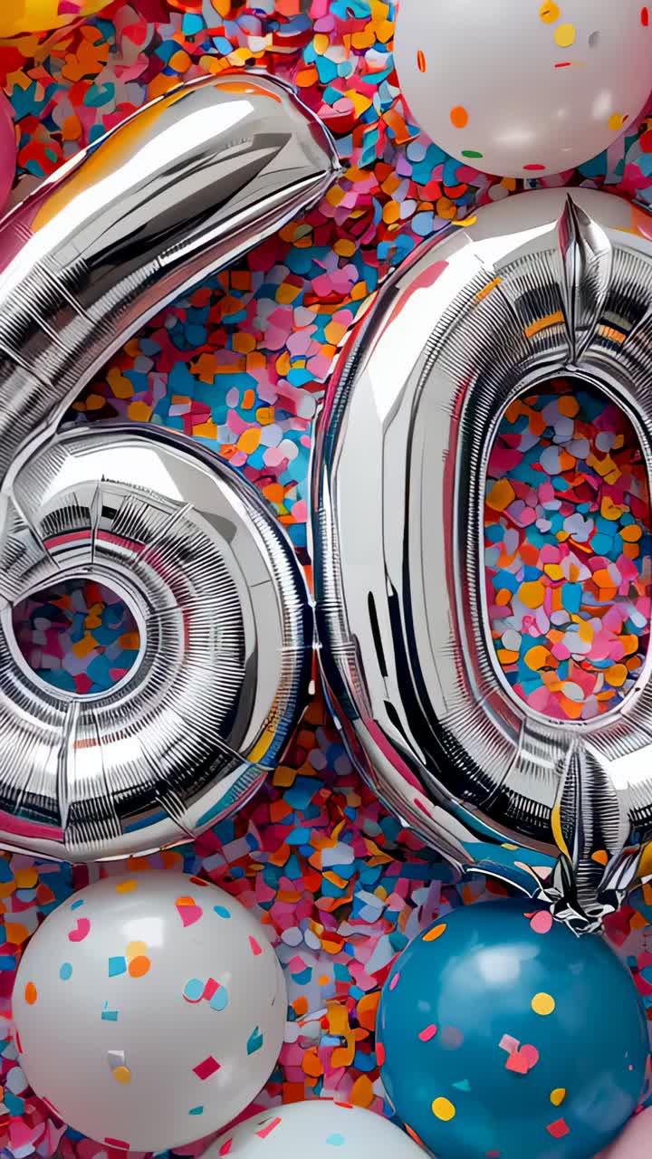 Vertical video: Shifting camera revealing silver foil 6 and 0 on confetti, highlighting celebration