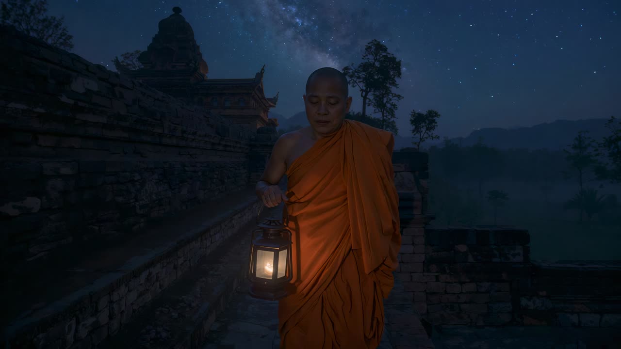 Walking monk in saffron robe moving toward camera on temple walkway, holding lantern guiding ritual