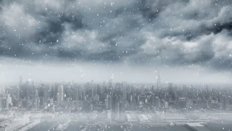 snow falling and cityscape
