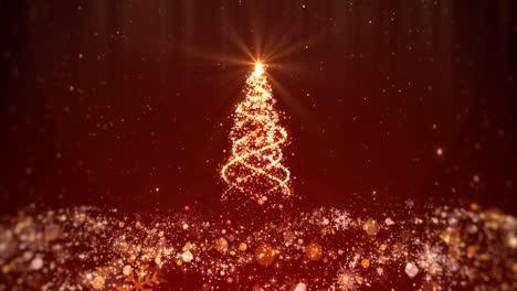 red glittering christmas background looped with christmas tree shiny lights, snowflakes, star and particles moving down. 4k video motion graphic background