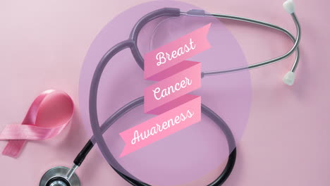 animation of breast cancer awareness writing over stethoscope on pink background