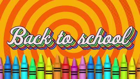 Digital-animation-of-back-to-school-multicolored-text-and-colored-crayons-against-orange-circles-for