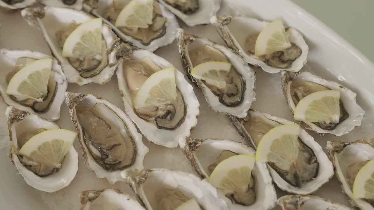 레몬 슬라이스를 곁들여 얼음 위에 신선한 굴을 담아낸 고급 해산물 애피타이저