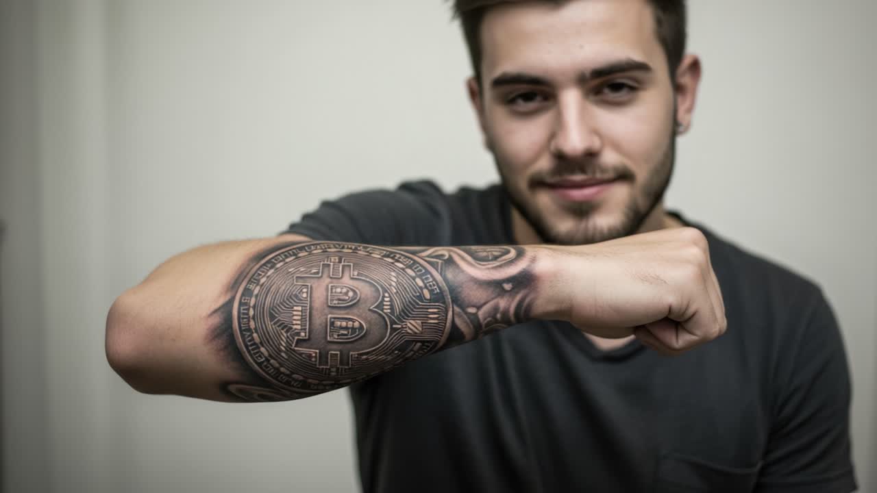 A young man proudly displays his intricate Bitcoin tattoo on his forearm, showcasing a blend of artistry and personal expression, symbolizing a passion for cryptocurrency