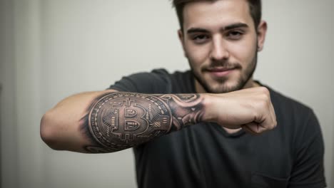 a young man proudly displays his intricate bitcoin tattoo on his forearm, showcasing a blend of artistry and personal expression, symbolizing a passion for cryptocurrency