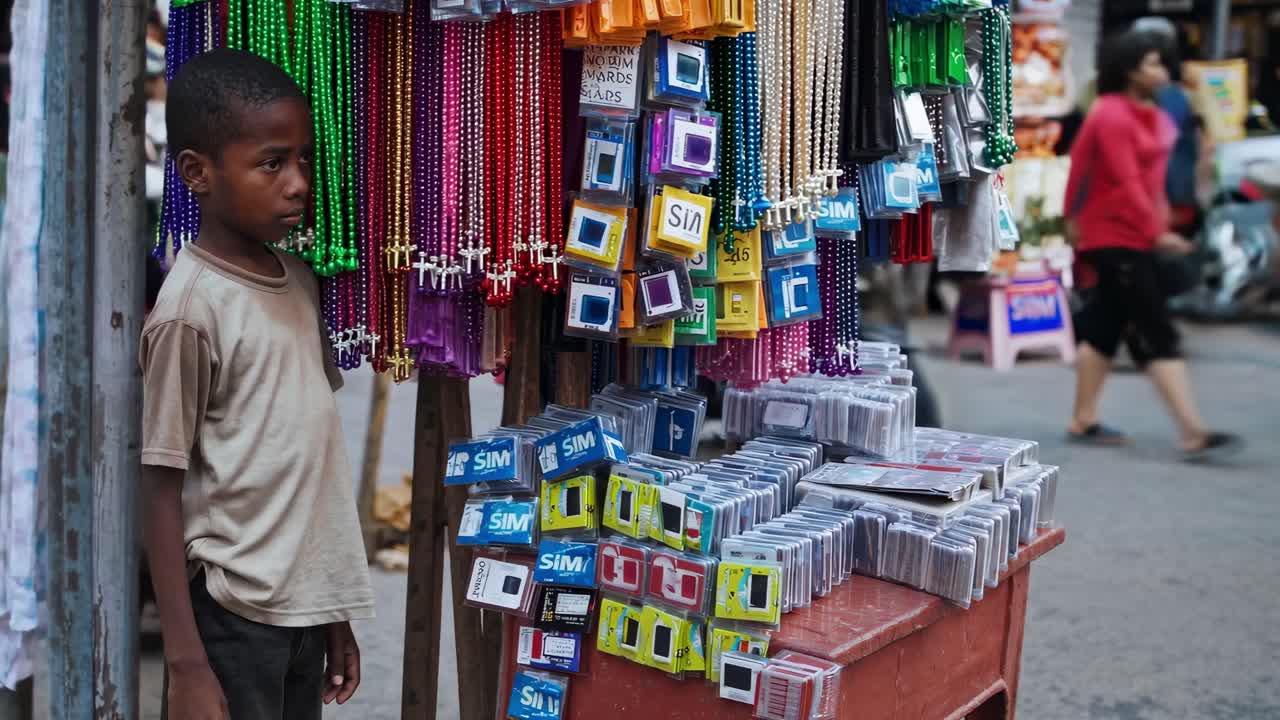 Young boy stands beside vibrant display of mobile SIM cards and colorful accessories, observing the bustling street scene, capturing the essence of urban life and commerce