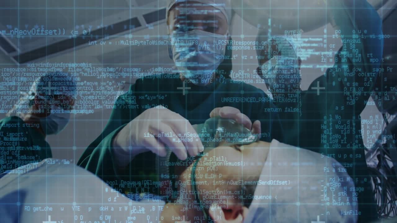 Camera shifting surgeon placing anesthesia mask on patient with grid overlay stabilizing vitals