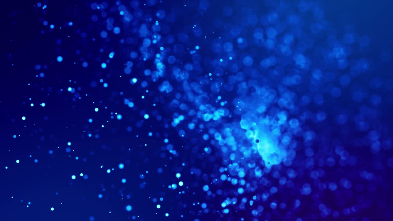 마법의 파란 빛나는 입자가 적적한 액체 속으로 흐르고 밝게 반인다 - 공상과학 소설 - 반이는 입자, 현장 깊이 및 보케와 함께 4k 3d sf 배경 - 알파 채널로 루마 매트