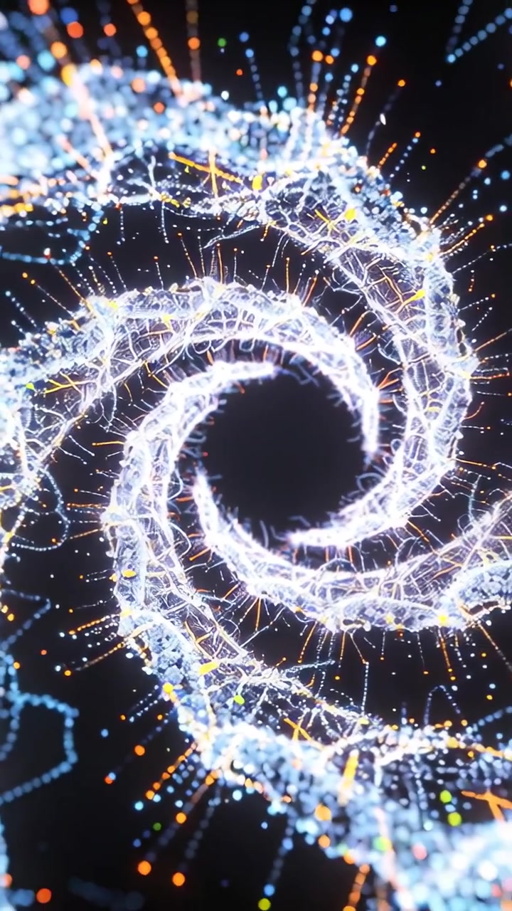 Video verticale: Filamenti scintillanti spingono un'elica che ruota in un profondo vuoto nero, attirando particelle.