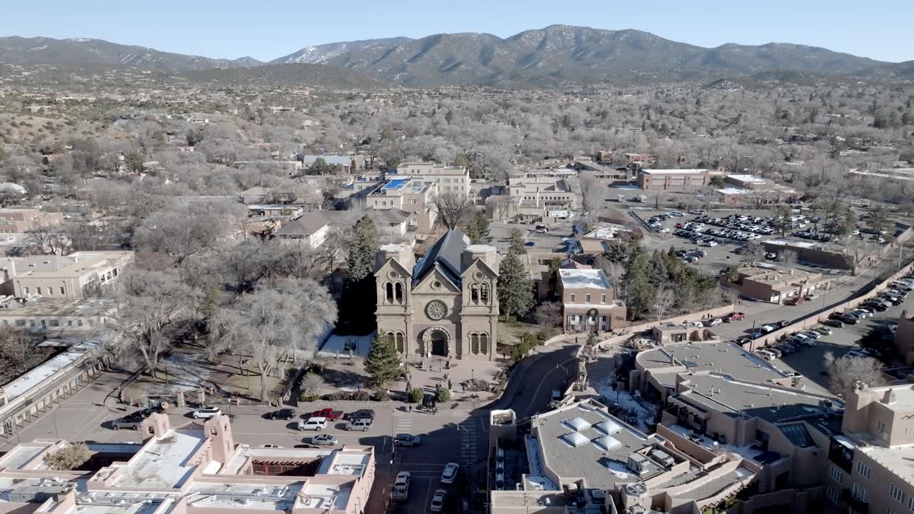Downtown Santa Fe, New Mexico with drone video wide shot moving in a circle