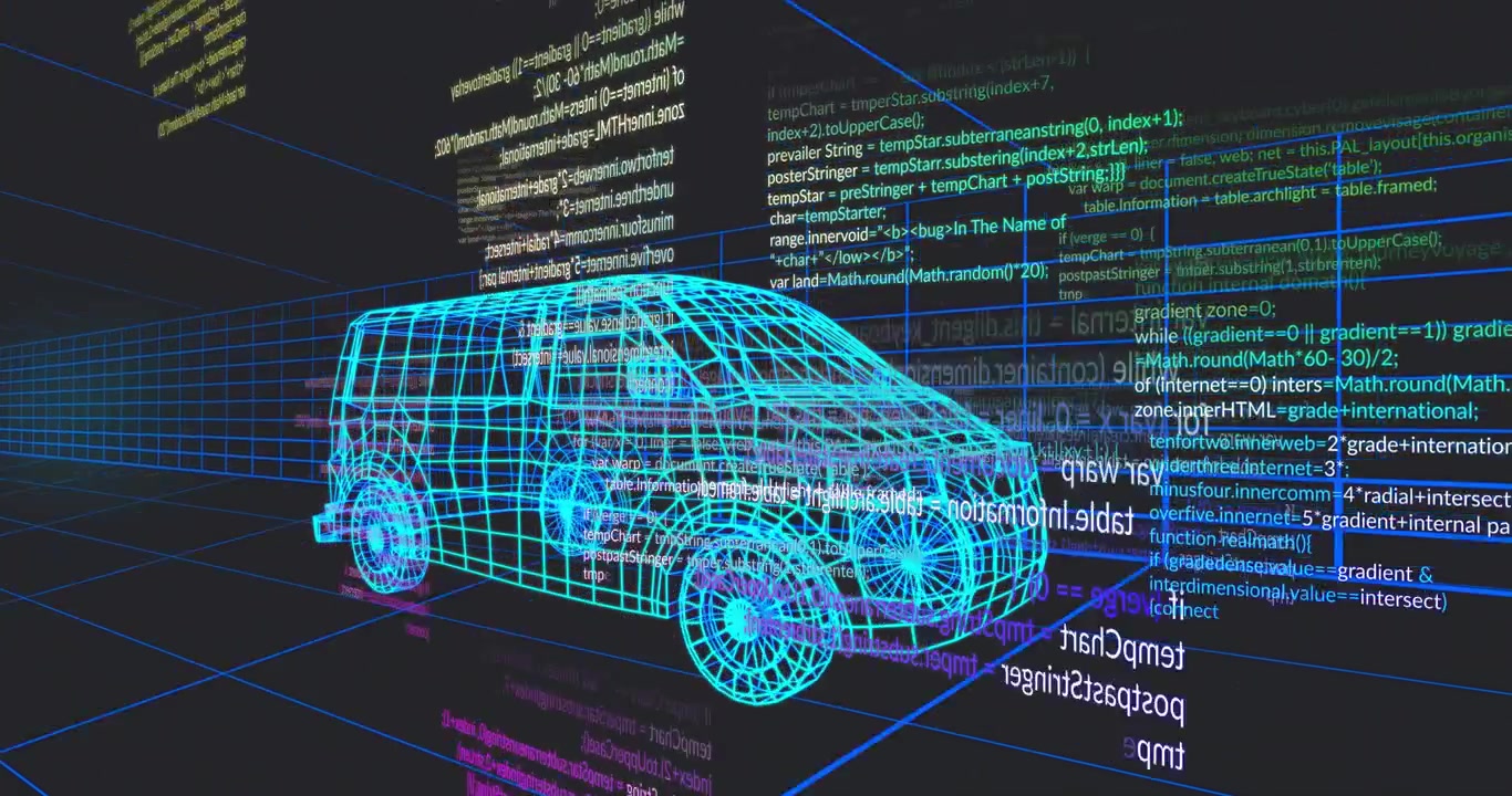 On simulation start code streaming around wireframe van, camera tilting representing live rendering