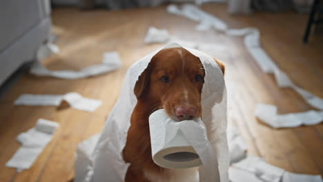 Puppy making mess toilet paper playing in apartment close up. Dog holding roll