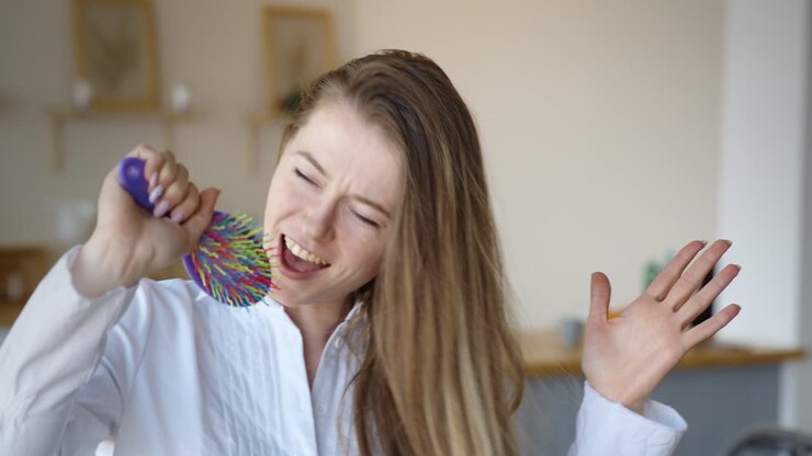 Woman Singing with Hairbrush Microphone