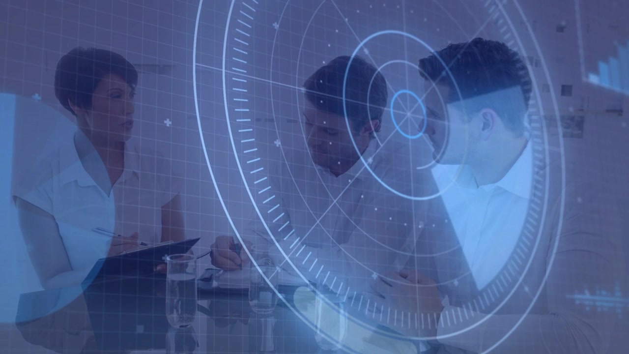 Three staff reviewing documents with HUD appearing, center writing, right leaning, left noting