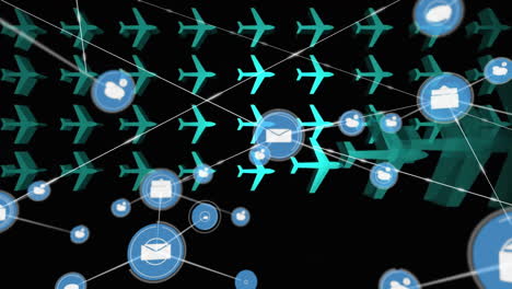 animation of network of connections with mail icons and airplanes over black background