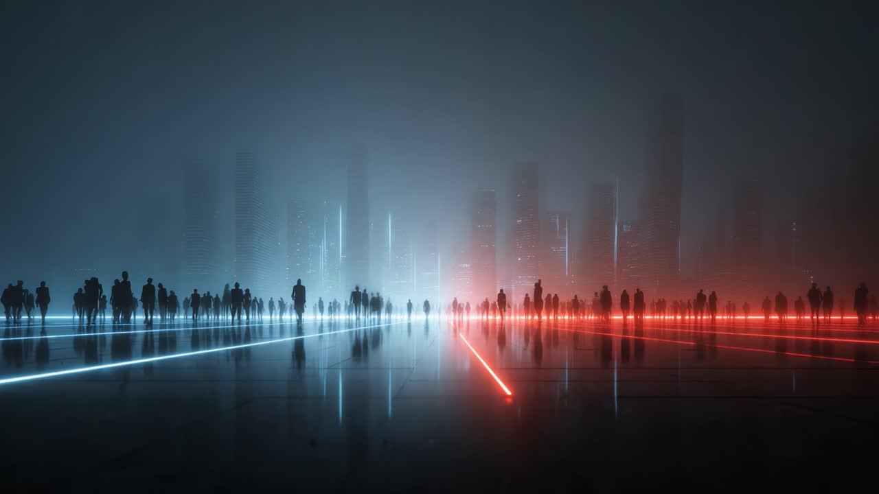 A Futuristic Cityscape Illuminated by Vibrant Laser Lines and Silhouetted Figures in Ethereal Fog, Capturing a Moment of Mystery and Intrigue