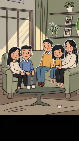 a cartoon illustration of a family gathered in a living room