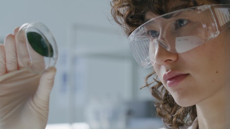 Female Lab Scientist Observing Leaf in Petri Dish during Biological Research