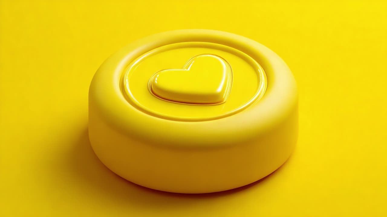A close-up view of a vibrant yellow button featuring a heart-shaped design, symbolizing affection and positivity, set against a matching yellow background for a striking visual impact
