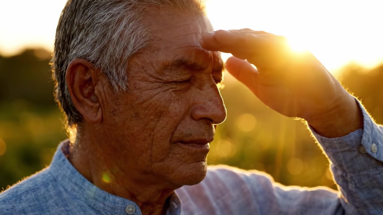 A Gracious Elder Reflecting Under the Golden Light: A Journey through Serenity and Contemplation in Nature's Embrace as the Sun Sets