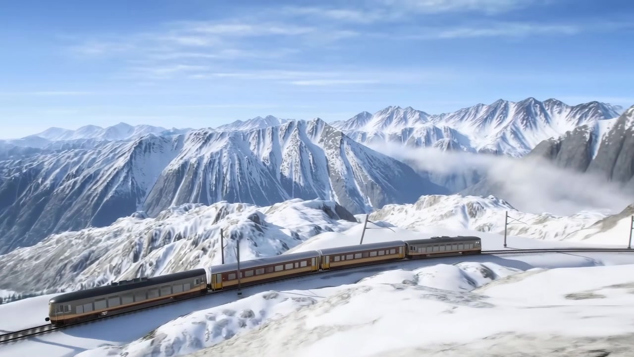 Trem cênico em montanha nevada passando por trilhos elevados e curvos sob imponentes picos alpinos, com céu azul claro.