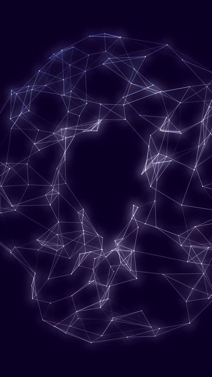 Luminous blue and white digital plexus network morphs fluidly against a dark vertical background.