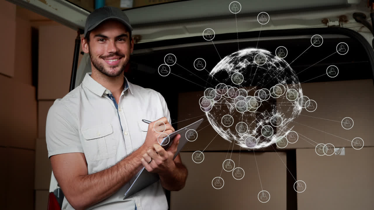 el trabajador de entrega escribe en el clipboard con un globo animado