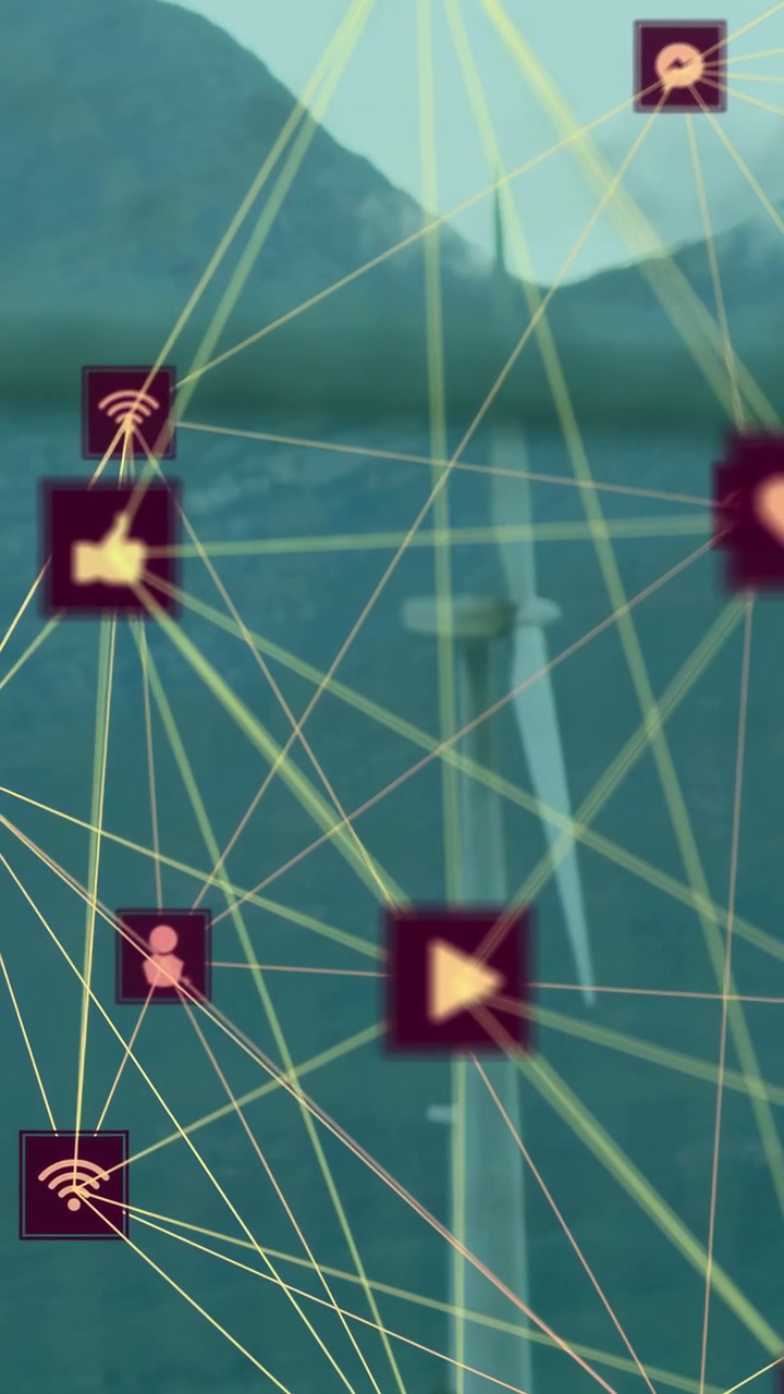 Vertical video: Network overlay shifting over valley via turbine feed, mapping wind and wifi icons