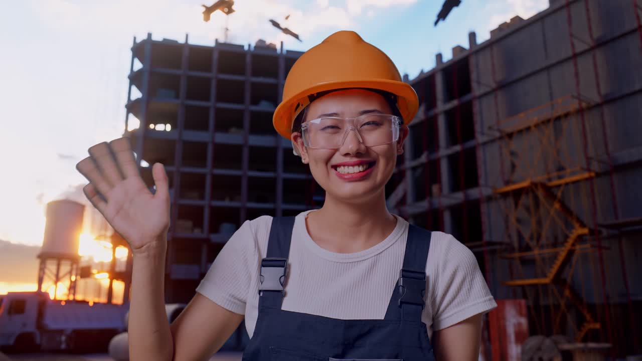 Close Up Of Asian Woman Worker Wearing Goggles And Safety Helmet Smiling, Waving Hand, And Saying Bye While Standing At Construction Site
