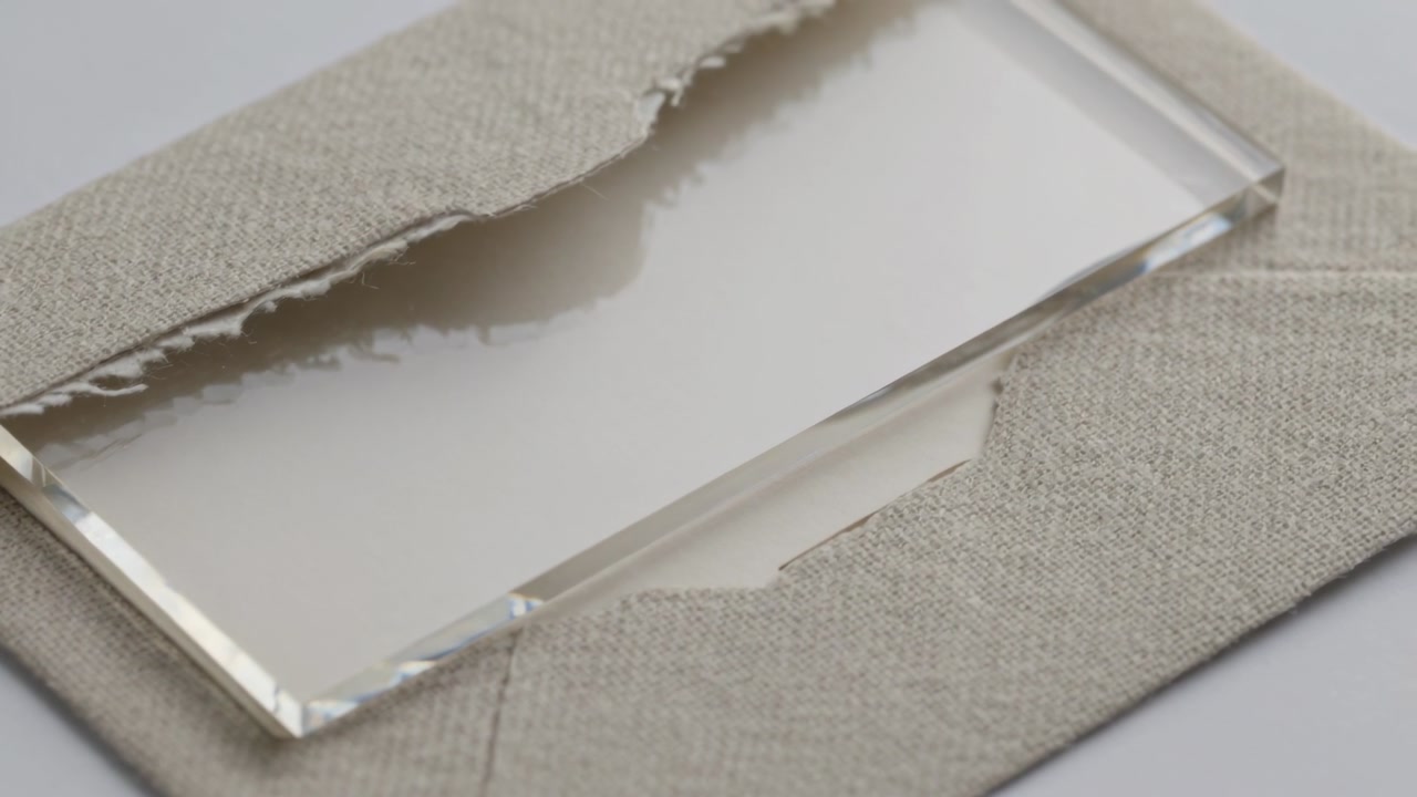 Lifting torn fabric flap revealing clear glass plaque on neutral surface for product display