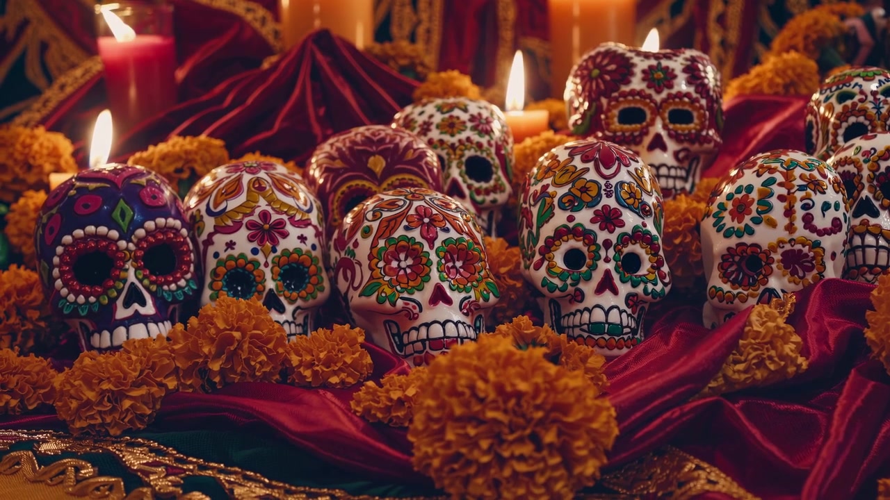 Calaveras de azúcar tradicionales y cempasúchil en altar del Día de Muertos