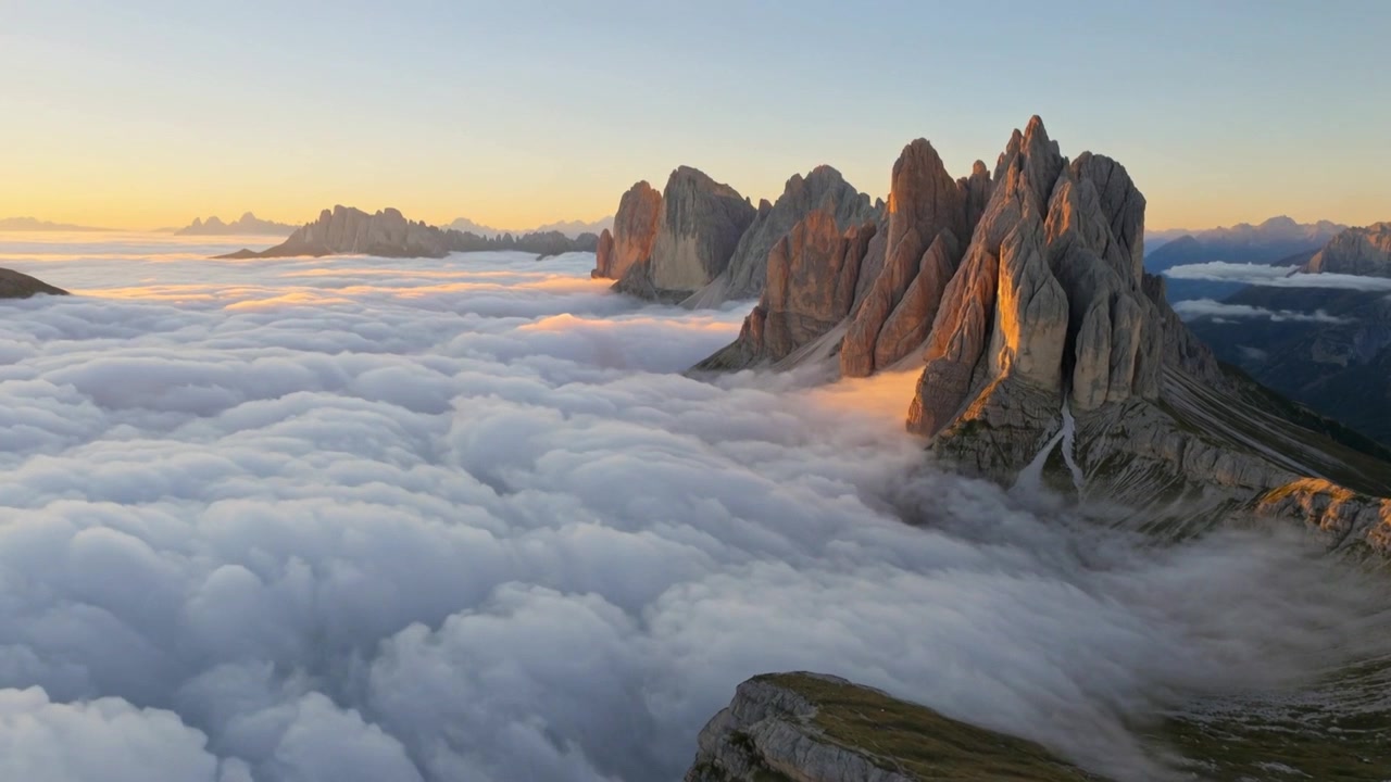 Rivelazione cinematografica in stile aereo delle drammatiche Dolomiti italiane che emergono sopra un mare di nuvole durante un'alba dorata