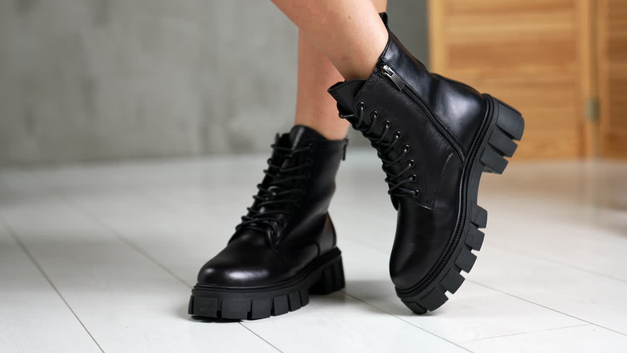 Bare-legged model demonstrating the stylish boots on tractor soles. Black leather footwear with laces close up at white backdrop.