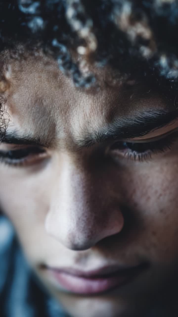Intense Emotional Expression Captured in Close-Up: A Study of Contemplation and Inner Struggle Featuring Young Person's Thoughtful Face