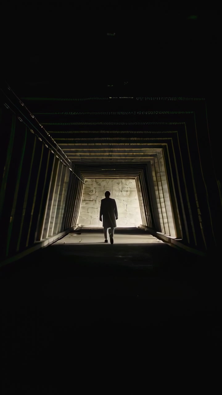 Vertical video: Standing figure in coat being pulled toward backlit opening in dark shaft, pausing