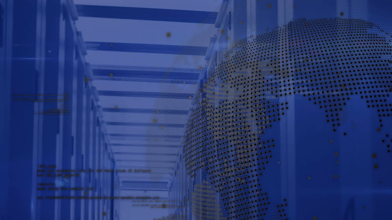 Animation of globe and data processing over computer servers