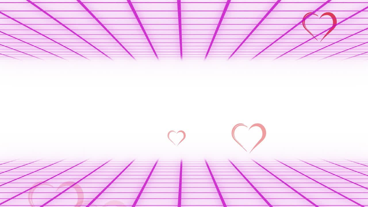 하 ⁇  배경 위에 떨어지는 심장과 움직이는 분홍색 그리드의 애니메이션